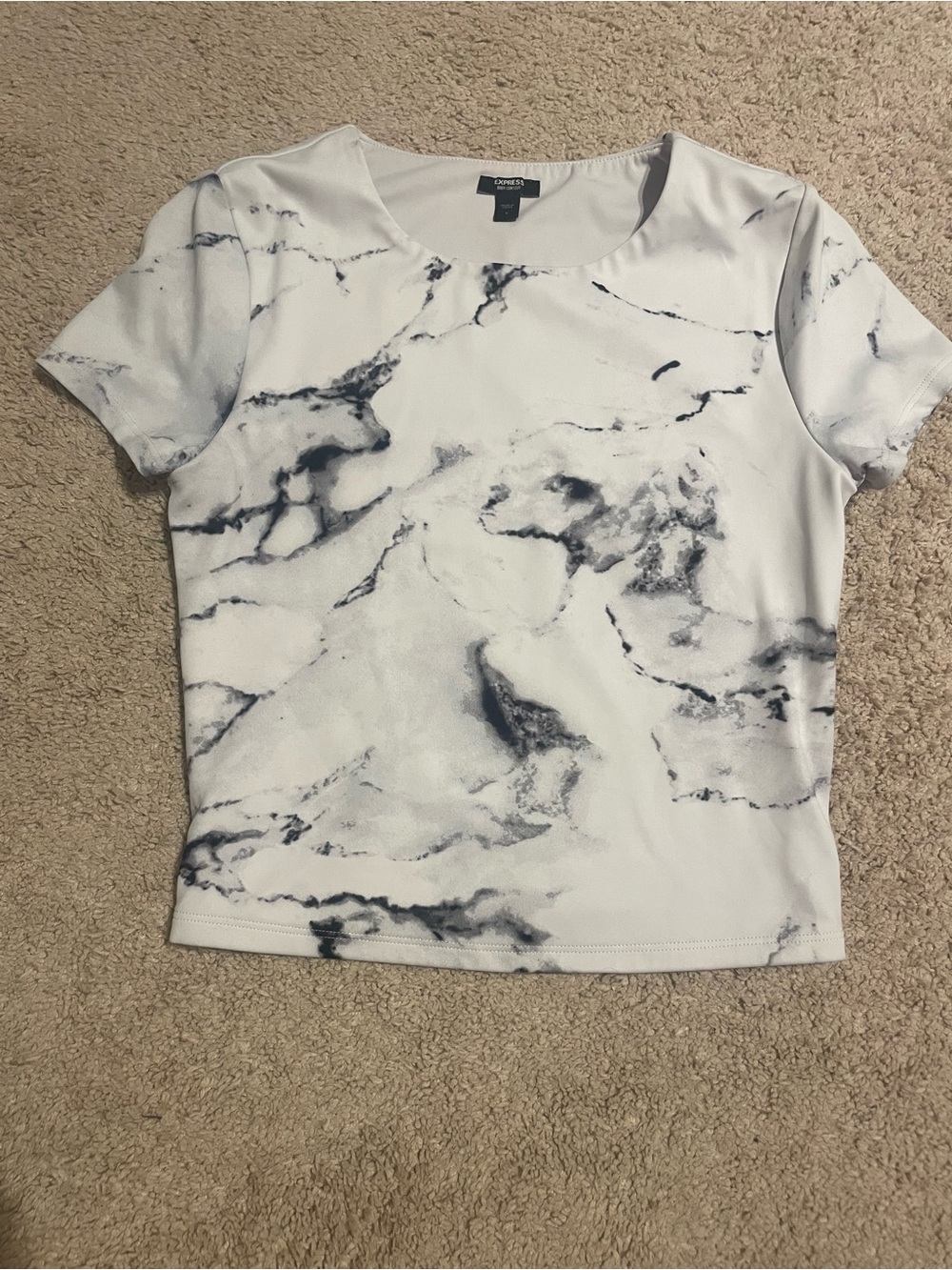 Express Marble-Print Short Sleeve Top - White/Black